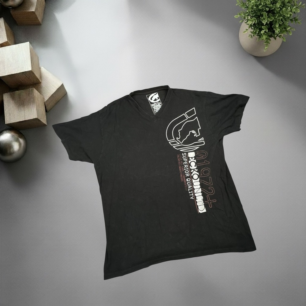 Vintage Ecko Unltd Graphic T-Shirt Black V-Neck XL Y2K Streetwear Rhino Logo